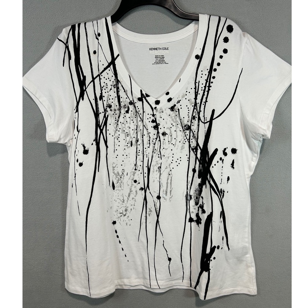 Kenneth Cole Reaction T-Shirt Women XXL White Black Paint Splatter Graphic‎